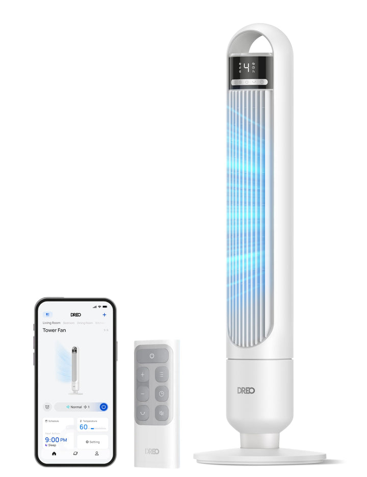 DREO Smart Turmventilator fürs Schlafzimmer, leiser Standventilator mit 28 dB, Luftreichweite bis 8,