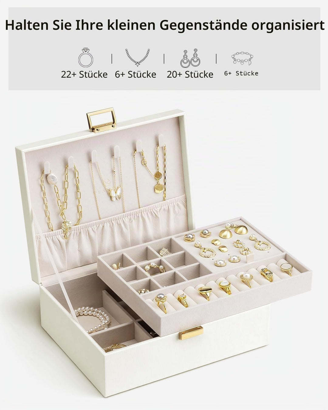 Vlando 2-lagige Schmuckschatulle, grosser Schmuck-Organizer für Frauen, abnehmbares Schmucktablett f