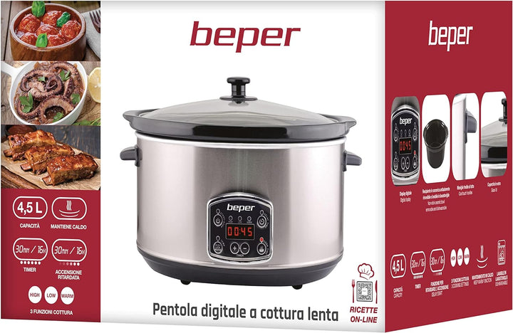 BEPER BC.510 Slow Cooker, 280 W, 4,5 Liter, Glaskeramik, Schwarz und Stahl, Nero E