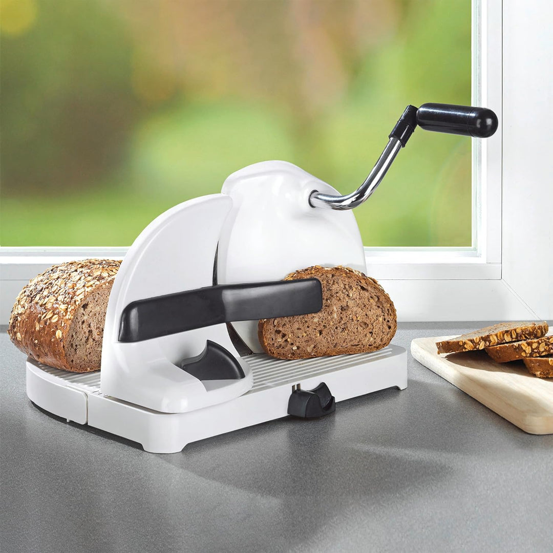 Maximex Brotschneidemaschine, geschnittenes Brot im Handumdrehen, Scheibendicke stufenlos per Hebel
