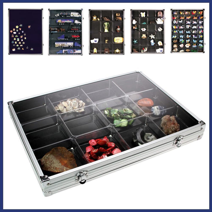 SAFE 5375 Alu Sammel Vitrine mit transparentem Deckel | Wandbefestigung | Setzkasten für Mineralien,