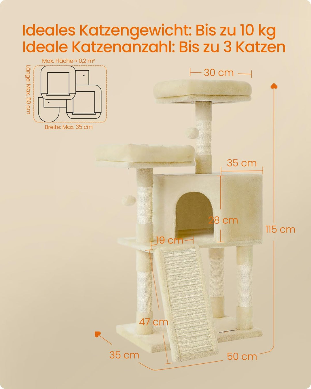 Feandrea Kratzbaum klein, Katzenbaum mit Kratzbrett, Plattformen, für Katze, weicher Plüsch, 115 cm,