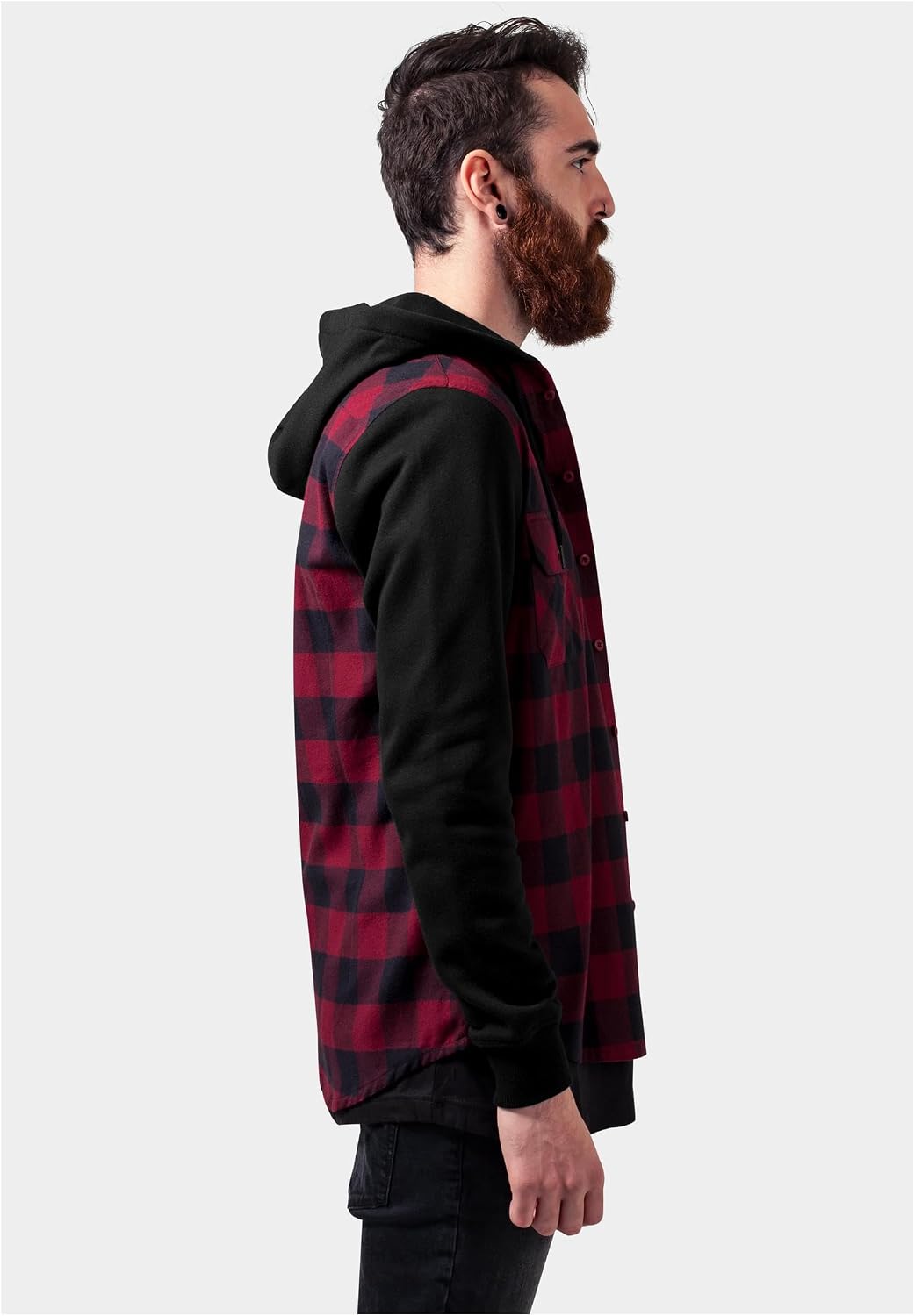 Urban Classics Herren Hooded Checked Flanell Sweat Sleeve Shirt M Blk/Burgundy/Blk, M Blk/Burgundy/B