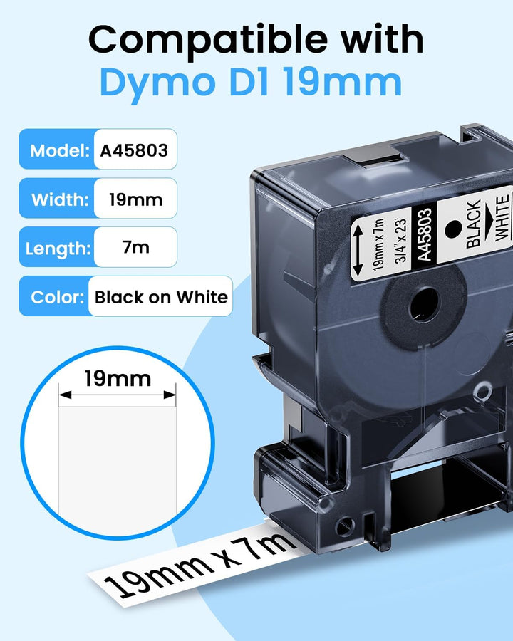 Oozmas A45803 Etikettenband Kompatibel mit Dymo D1 19mm x 7m Schwarz auf Weiss, 45803 Schriftband Ko