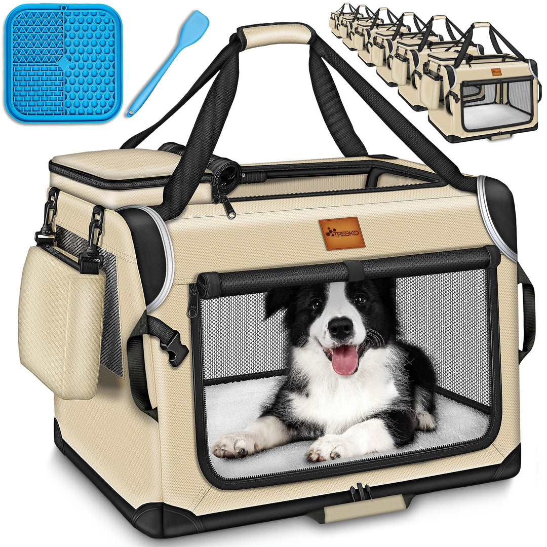 TRESKO® Hundebox faltbar inkl. Leckmatte, Spatel &amp; Reflektoren M 61x42x42cm | Transportbox für Hunde
