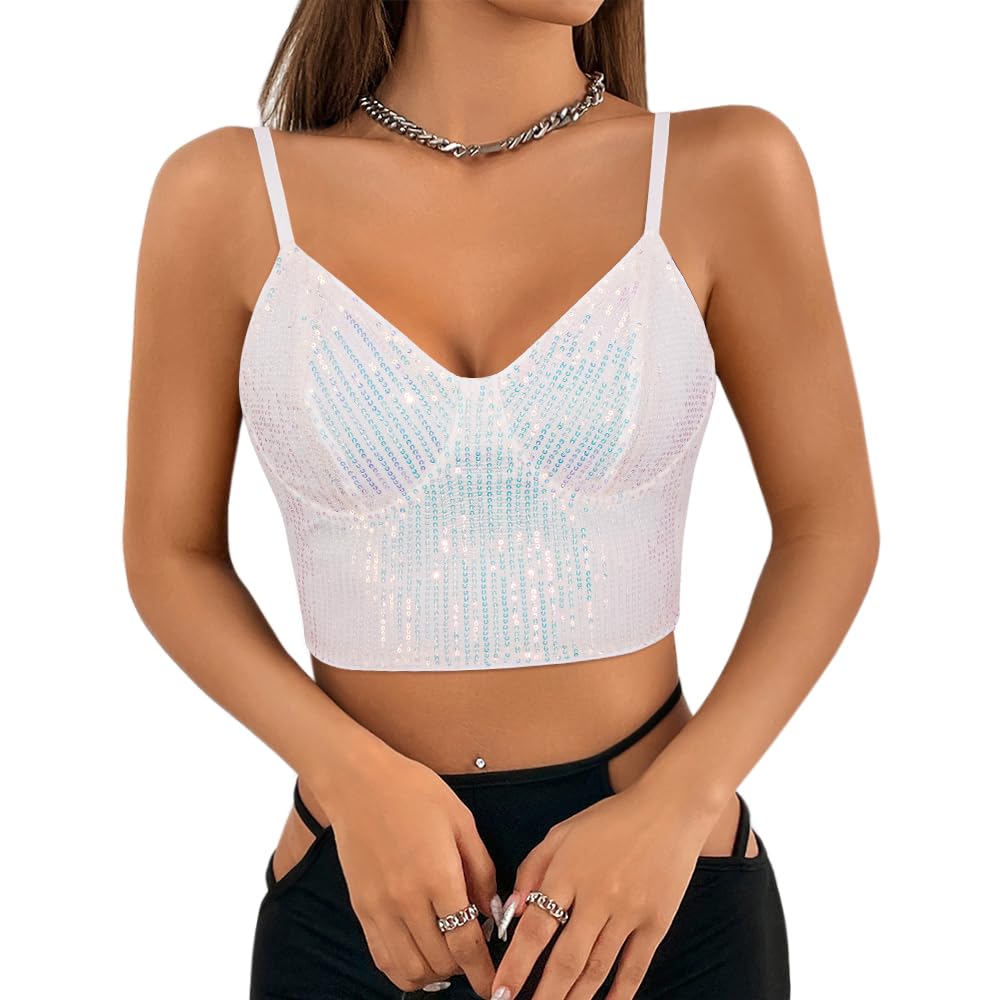 Naimo Damen Glitzer Pailletten Crop Top Ärmellos V-Ausschnitt Tank Tops Weste Sparkle Camisole Bluse