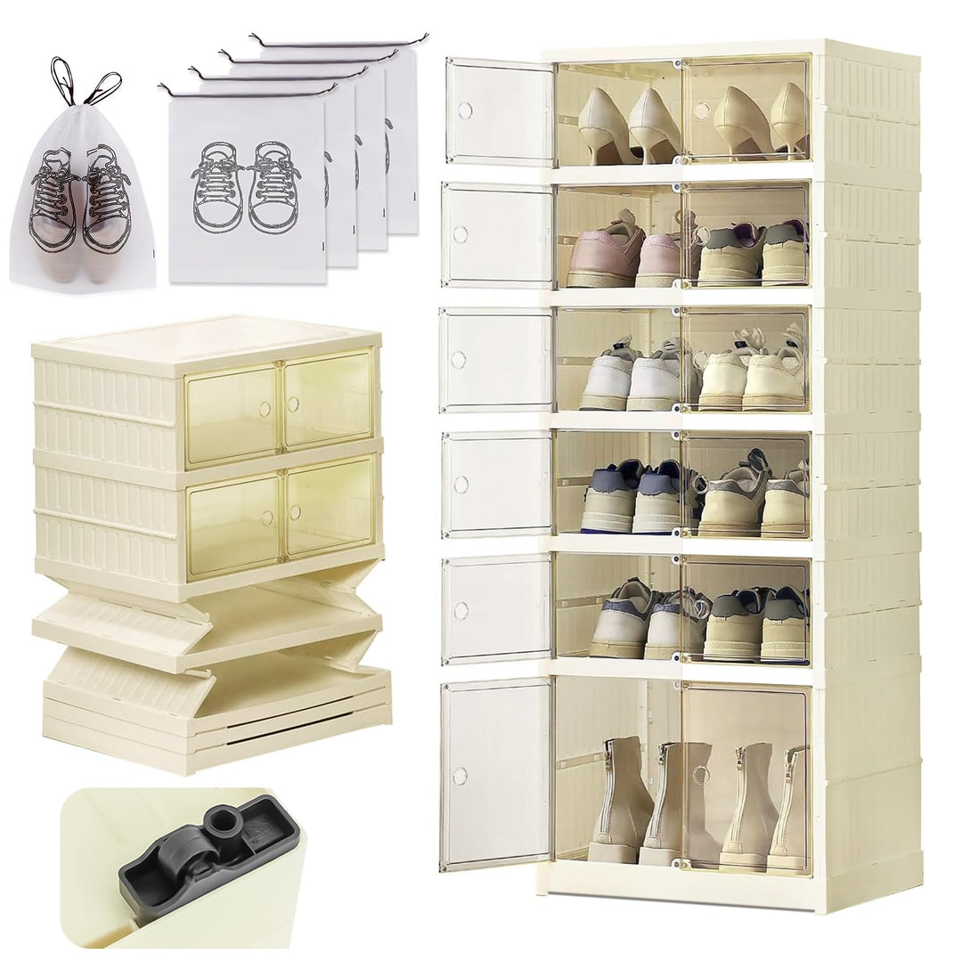 Schuhboxen Stapelbar Transparent Faltbarer Schuhschrank Schuhregal Klappbar mit Magnetischer Tür für