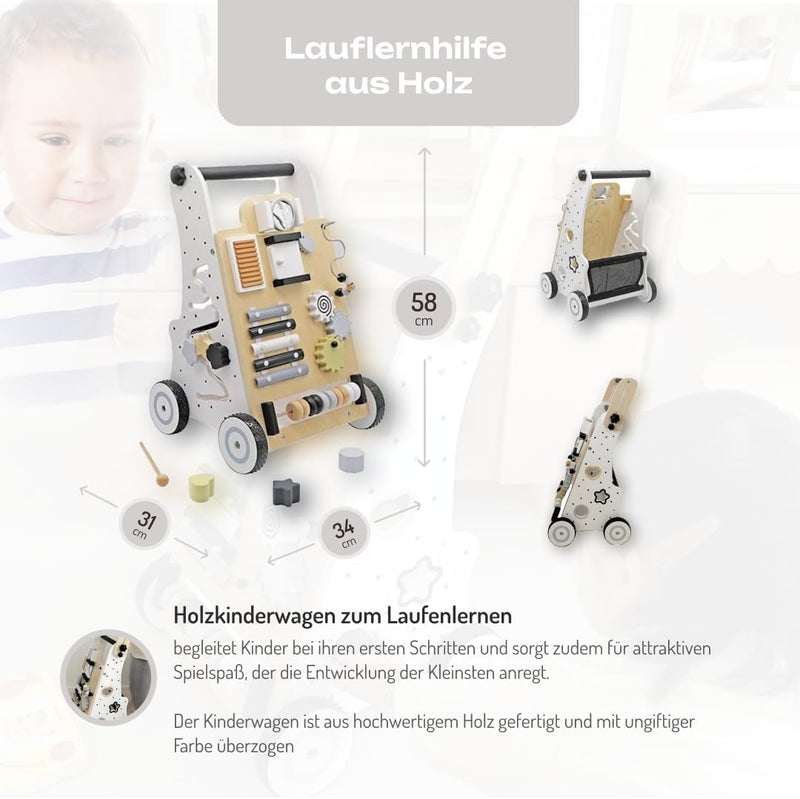 COIL Babywalker Lauflernwagen, Kinderwagen aus Holz, Lernspielzeug, ab 12 Monaten