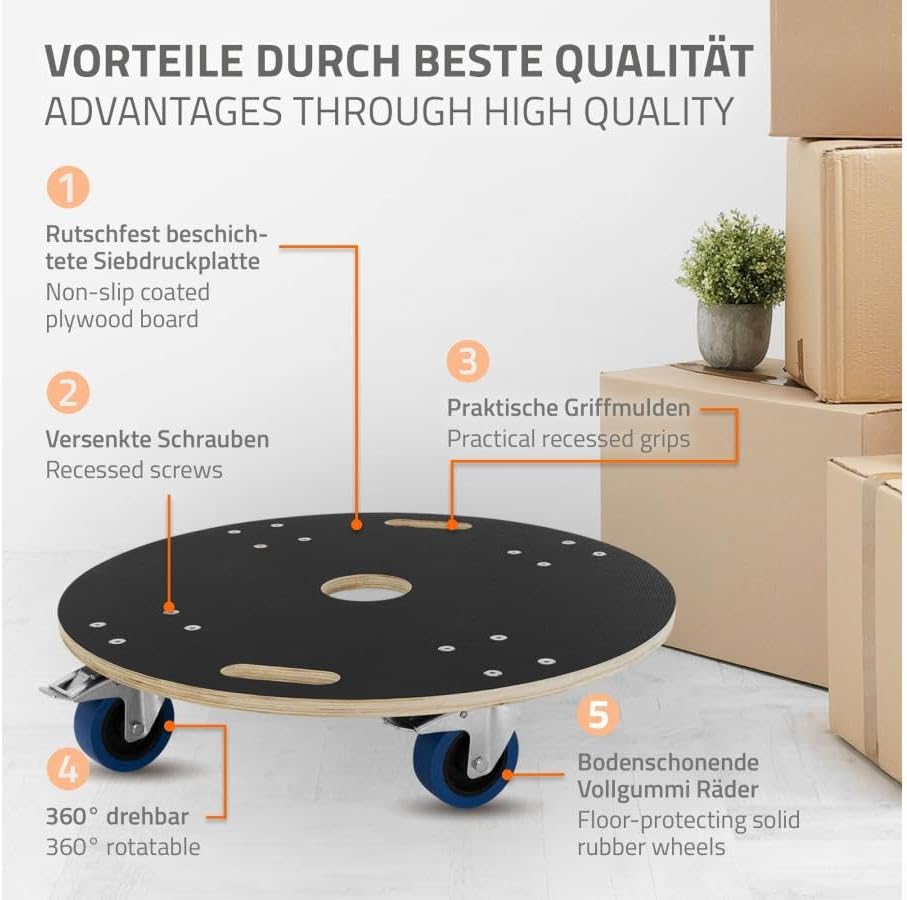 ECD Germany Transportroller rund Ø67x14,5 cm mit Siebdruckplatte und 2 gebremsten Rollen, 800kg Trag