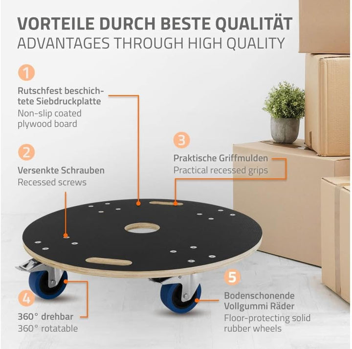 ECD Germany Transportroller rund Ø67x14,5 cm mit Siebdruckplatte und 2 gebremsten Rollen, 800kg Trag