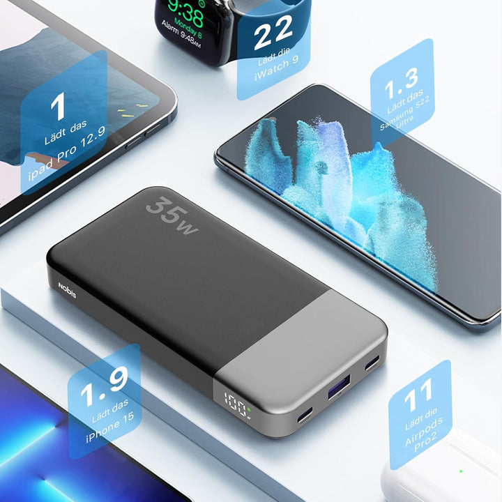 NOBIS 35W Power Bank 10000mAh, Externer Akku mit Digitalanzeige, USB C Ladegerät Schnellladen PD QC,