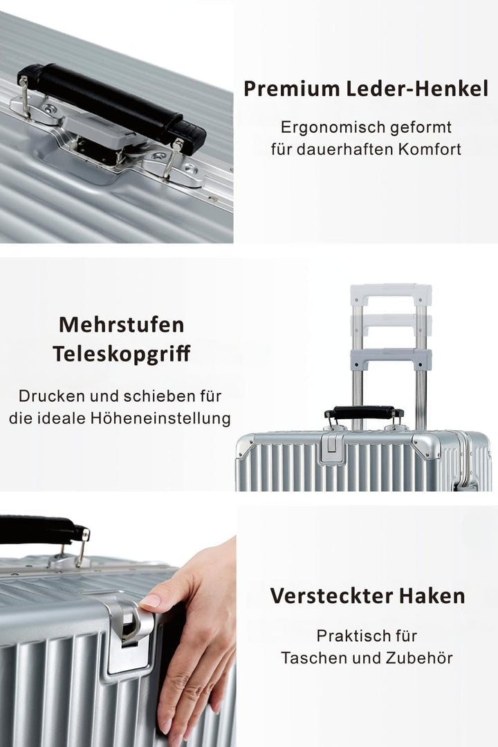 Aoliwei Aluminium-Rahmen Reisekoffer M (64cm) – Premium Hartschalen-Trolley für 4-6 Tage Reisen, Wei