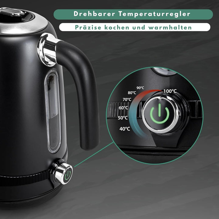 Impolio Retro Wasserkocher 1,7 L, LCD Display und Temperaturauswahl, TÜV Rheinland GS Zertifiziert,