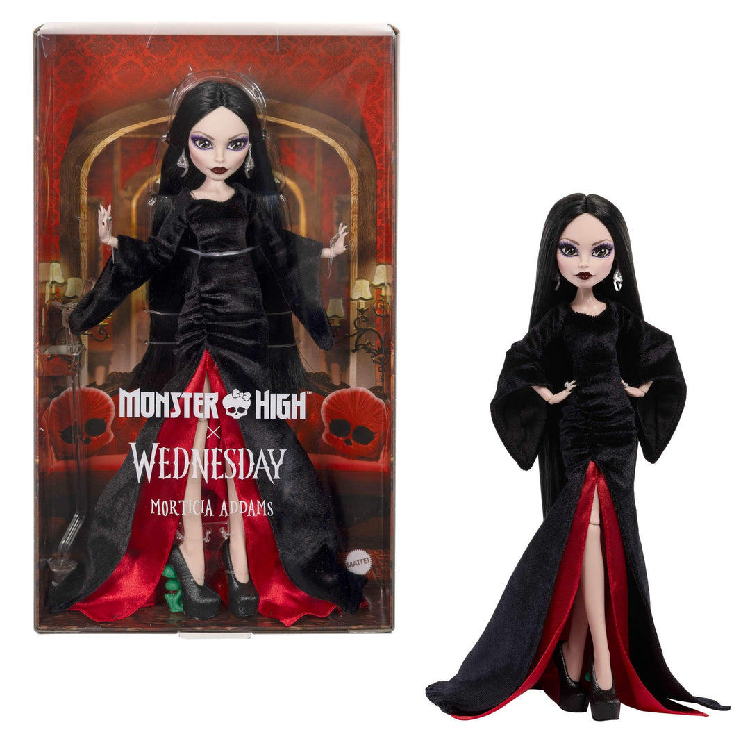 Monster High x Wednesday Puppe, Morticia Addams Sammelfigur im schwarz-purpurrotem Samtkleid mit Sch