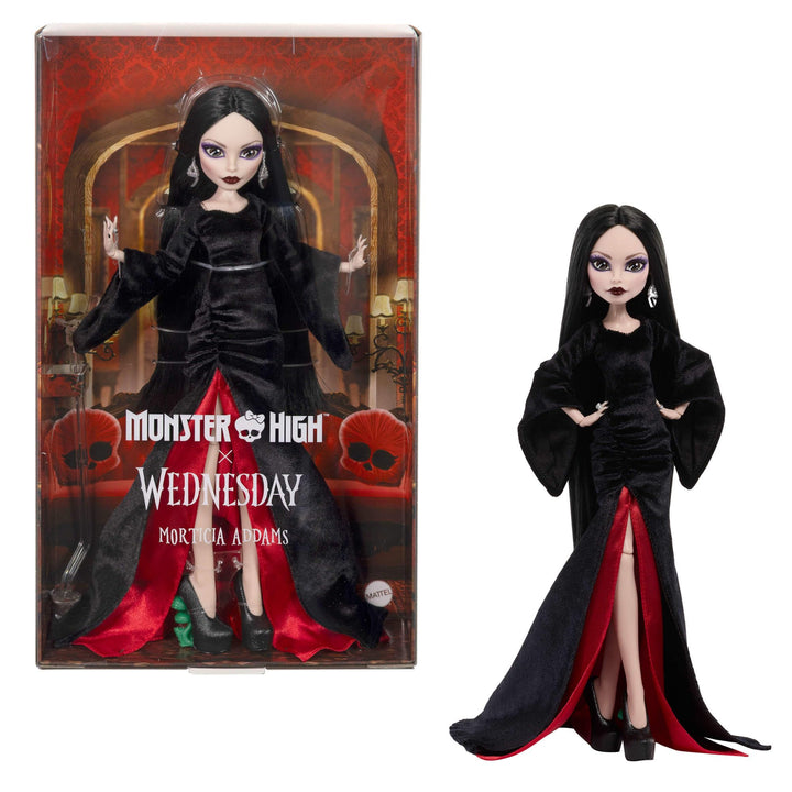 Monster High x Wednesday Puppe, Morticia Addams Sammelfigur im schwarz-purpurrotem Samtkleid mit Sch