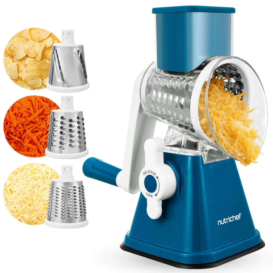 NutriChef 3-in-1 Käsereibe mit Handkurbel – Kompakte Trommelreibe für Käse & Gemüse – 3 Schneidetrom
