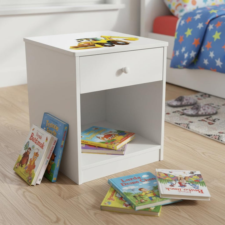 Leomark Nachttisch aus Holz - Herr Bagger - Nachtschränkchen mit Schublade, Nachtschrank für Kinder,