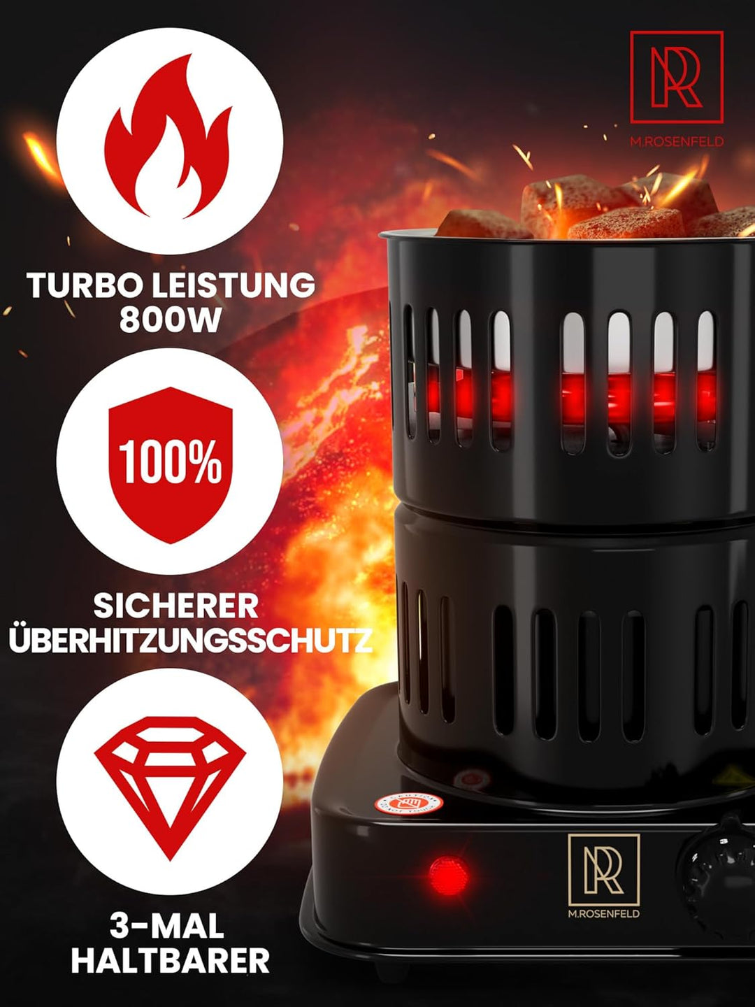 M. ROSENFELD Shisha Kohleanzünder Elektrischer 800W TURBO – Kohlenanzünder mit extra langem 150cm Ka
