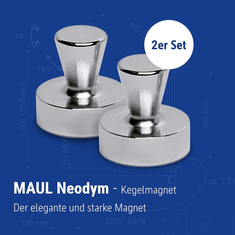 MAUL Neodym Kegelmagnet Ø32x33mm (2 Stück) | Magnete mit hoher Haftkraft für Magnettafel, Whiteboard