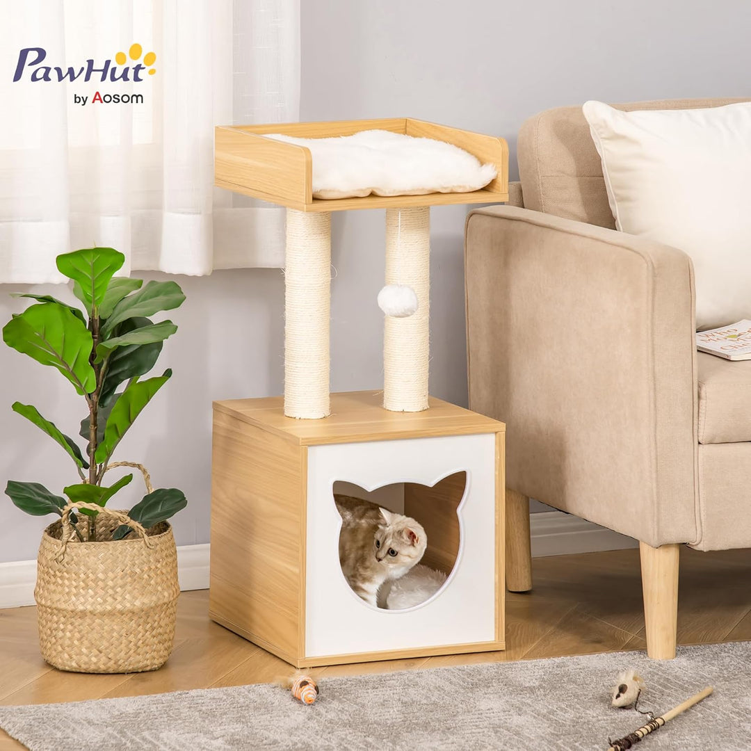 PawHut Katzenhöhle mit Waschbarem Kissen für Katzen 35 x 35 x 81 cm Eiche | Katzenbett, Plattform, K