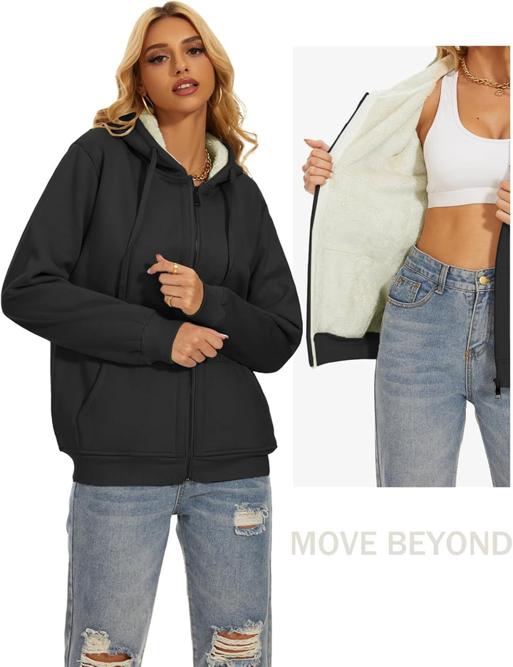 MOVE BEYOND Sweatjacke Damen mit Kapuze Zipper Hoodie Fleecejacke Gefüttert Warme Winterjacke mit Re