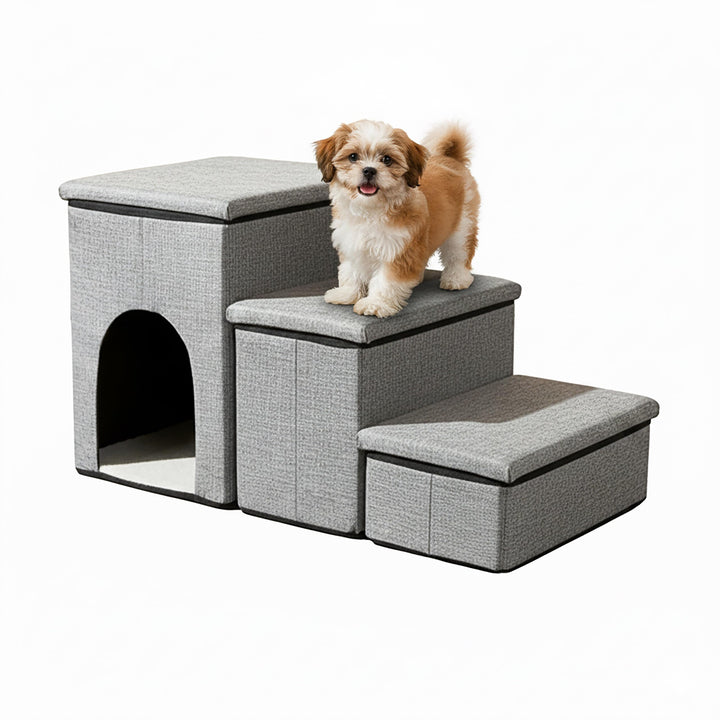 Relaxdays Hundetreppe, 3 Stufen, Höhle & Stauraum, HxBxT: 43 x 75 x 33 cm, faltbar, Hunderampe Bett