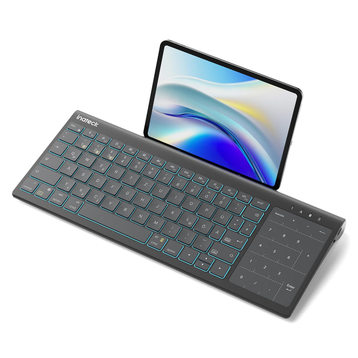 Inateck Tablet Tastatur, 2-IN-1 Ziffernblock&TouchpadVersteckter Ständer, 3 BT-Kanäle, 7-Farben Hint