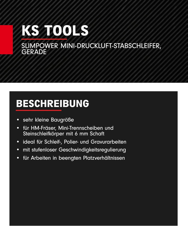 KS Tools Mini Stabschleifer Druckluft gerade SlimPOWER 515.5530 I Geradschleifer mit Drehzahl-Reguli