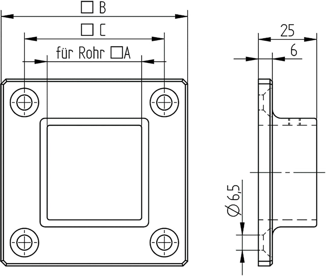 CROSO CN4900210 Wand- und Bodenflansch für Vierkantrohr 40 x 40 mm, Edelstahl V4A, Silber für Aufnah