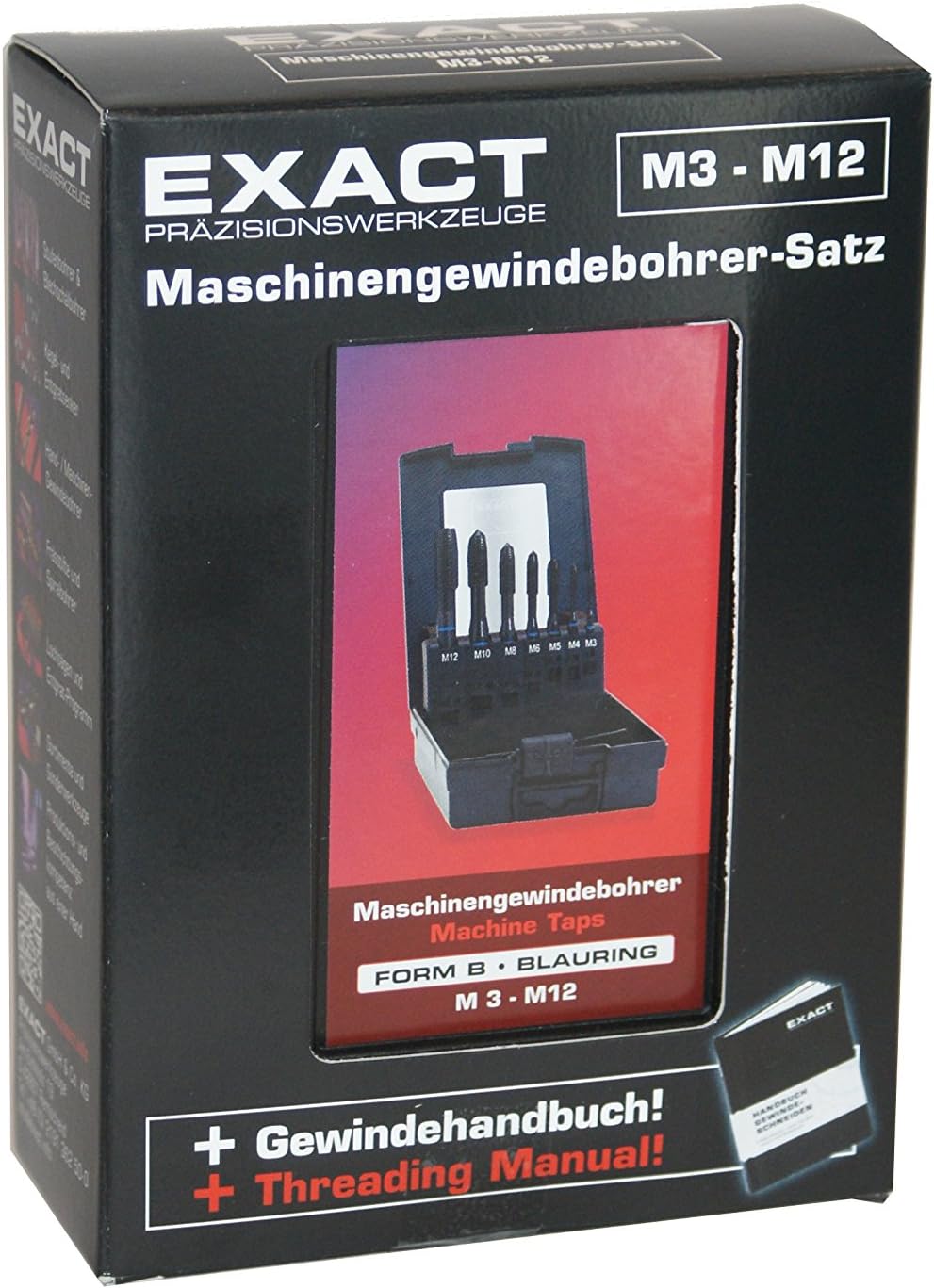 Exact 42305 Maschinengewindebohrer - Satz M3-12 in HSS Co 5 Form B 7-teilig DIN 371/376 inkl. Handbu