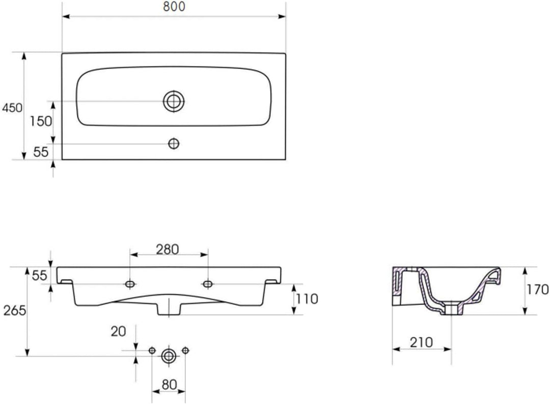 VBChome Moduo- Kollektion Moduo 80cm x 45cm Waschtisch für Unterschrank Einbau Waschbecken mit Überl