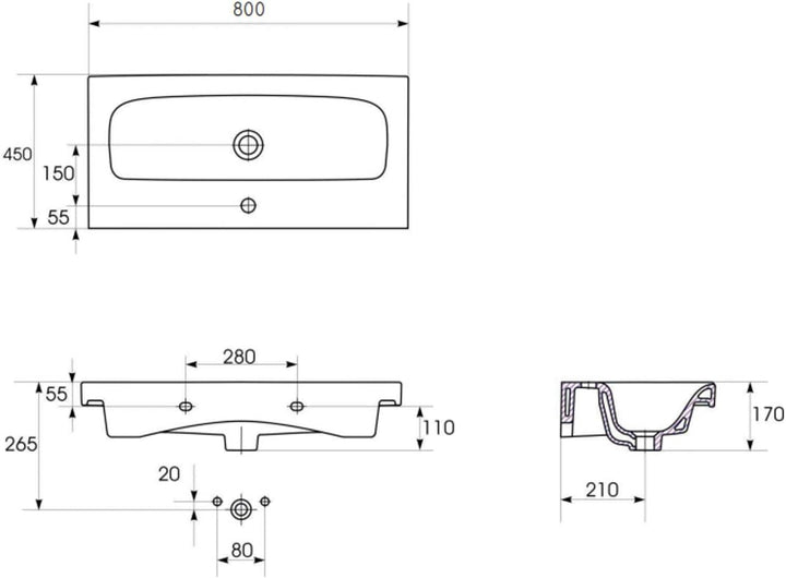 VBChome Moduo- Kollektion Moduo 80cm x 45cm Waschtisch für Unterschrank Einbau Waschbecken mit Überl