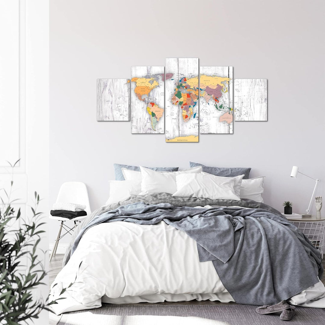 Runa Art - Bilder Weltkarte Holz 200 x 100 cm 5 Teilig XXL Wanddekoration Design Weiss 108751c 200 x