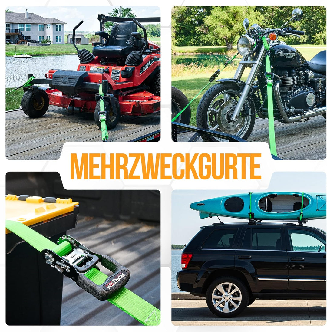 FORTEM Spanngurte mit Ratsche und Haken -Robustes 4er Spanngurt Set mit Zurrschlaufe–3,04m (2363 kg