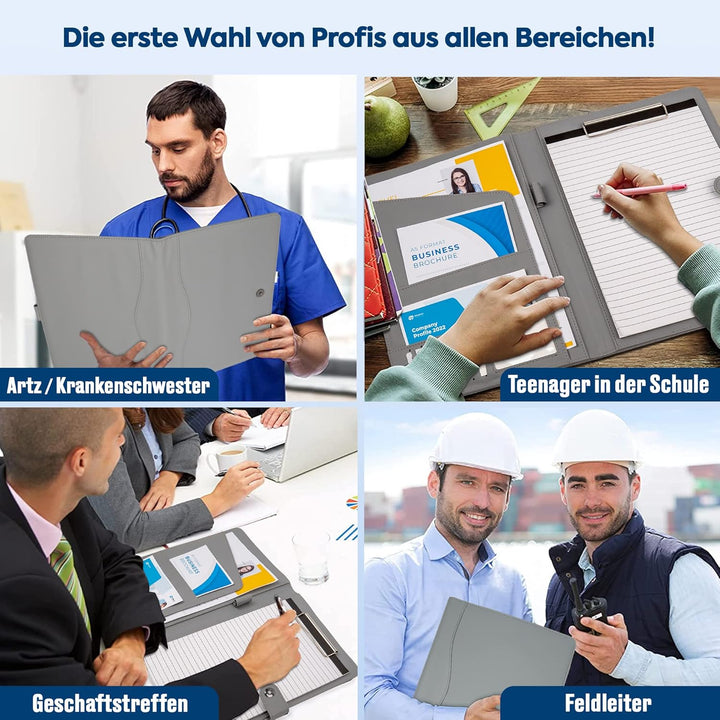 AMKSONS Schreibmappe A4 in Grau inklusive Klemmbrett & DIN A4 Notizblock - Premium Konferenzmappe au