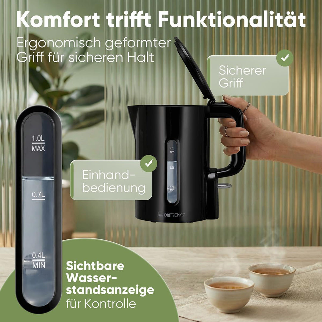 Clatronic® Wasserkocher 1L | 900W | BPA frei | Einhandbedienung | Wasserstandsanzeige | Kettle | Übe