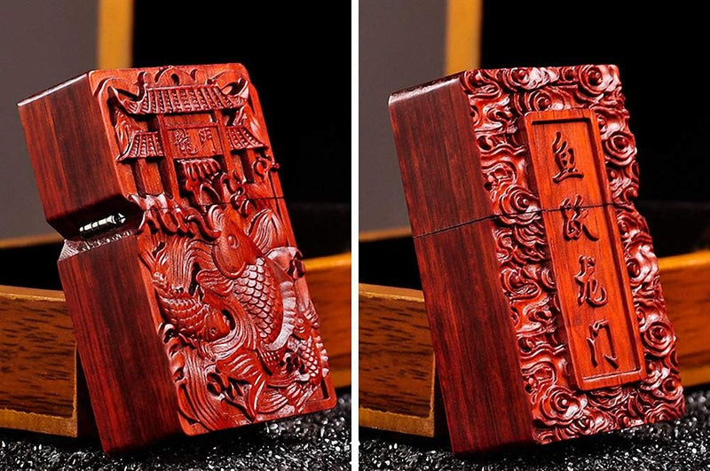 Generic Natural Huanghuali Rosewood Carving Lichter Outer Case for Zippo Module Fish Jump Dragon Gat