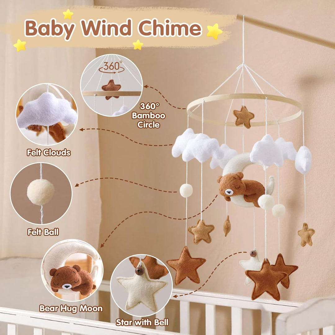 Mobile Babybett, Mobile Baby Windspiele mit 3D Bär Mond Wolken Sterne Glocke, Kinderzimmer Hängende