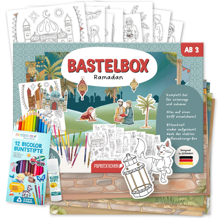 Papierdrachen Bastelbox Ramadan - Komplettes Set ab 3 Jahren – Inkl. Buntstifte & Kleber – Kreatives