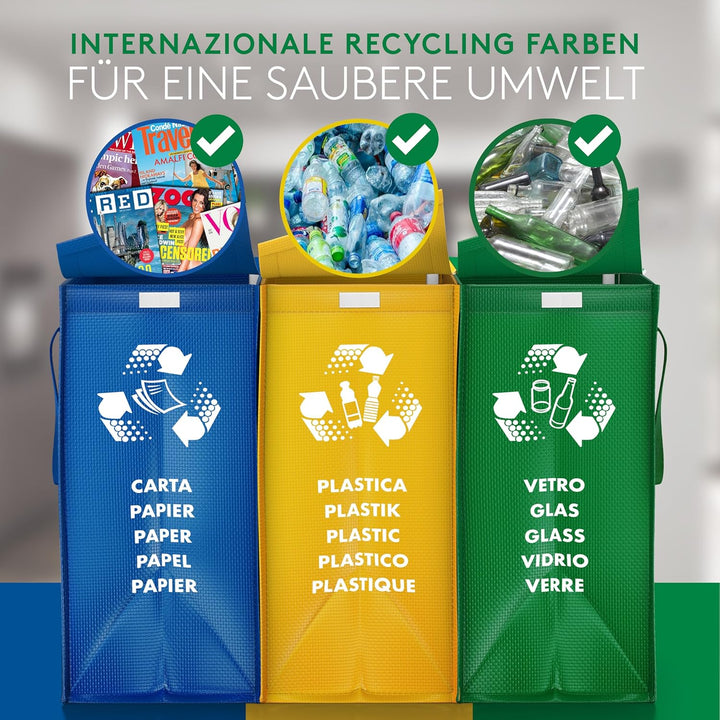 PTMS® Mülleimer 3 Fächer - Mülltrennsystem für Papier, Glas und Plastik - Umweltfreundliche Recyclin