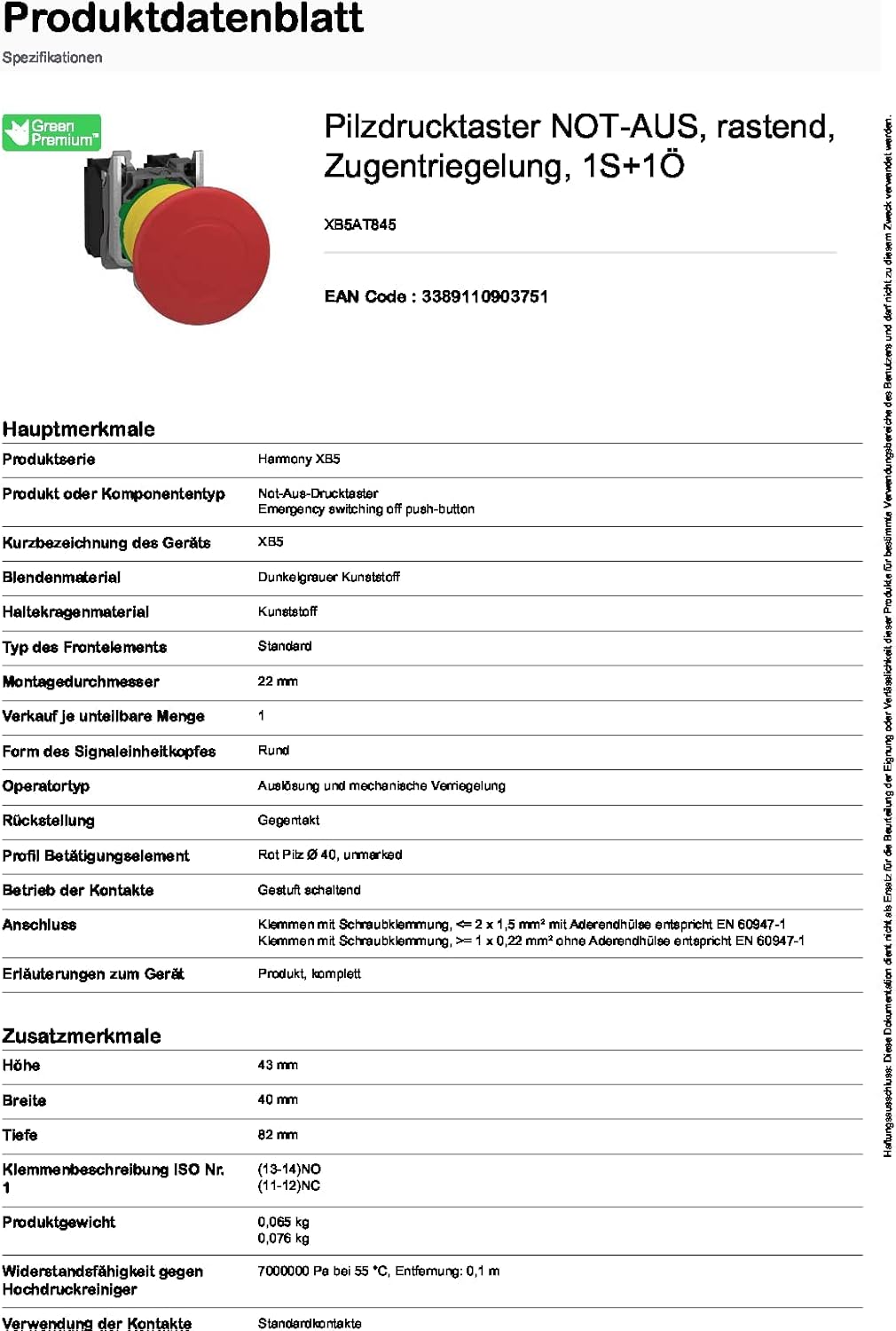 Schneider Electric - Harmony, Pilzdrucktaster NOT-AUS, rastend, Zugentriegelung, 1S+1Ö, XB5AT845 Kun