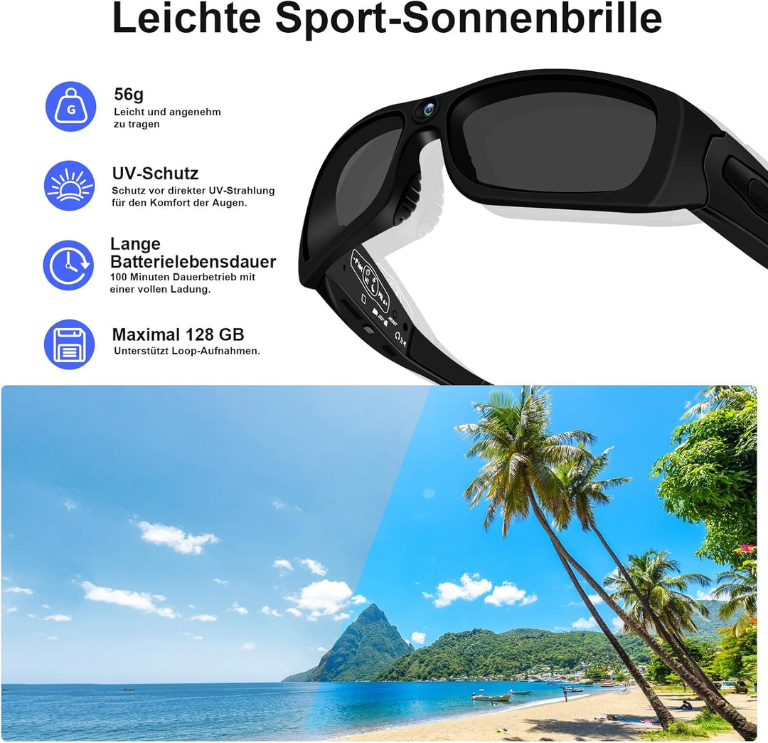 cyi Sports Kamera Sportbrille Actionkamera 1080p HD Video &amp; Foto, Bluetooth 5.0 für Anrufe &amp; Musik,