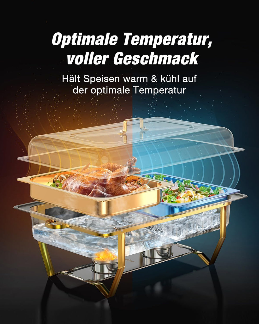 WARMOUNTS Silber & Gold Chafing Dish Buffet Set 9L, Edelstahl Speisenwärmer für Catering, Hochglanzp