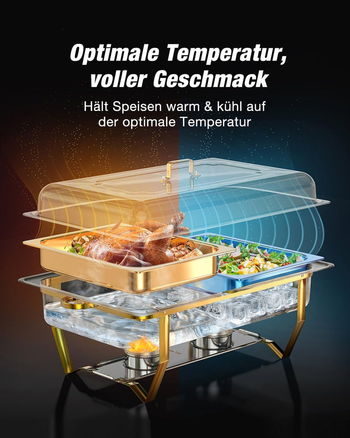WARMOUNTS Silber & Gold Chafing Dish Buffet Set 9L, Edelstahl Speisenwärmer für Catering, Hochglanzp