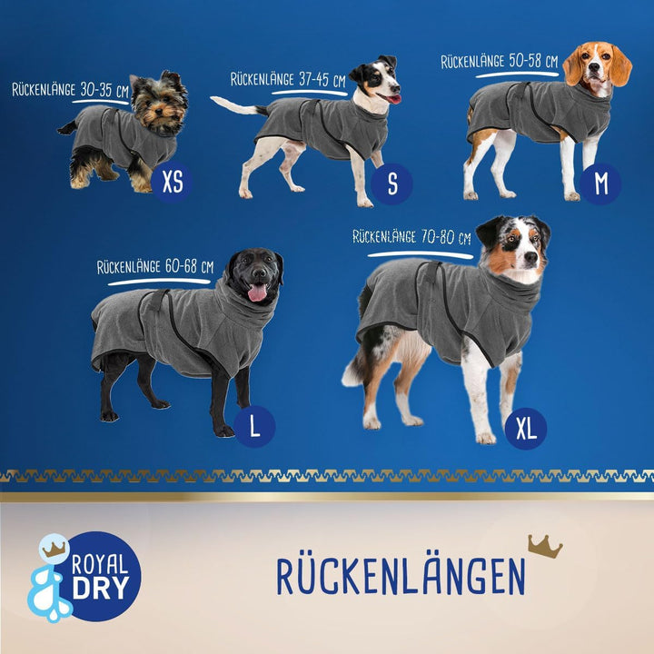 Royal Dry Bademantel Hund - Mikrofaser Hundebademantel - XL - Rückenlänge 70-80 cm - Grau, XL