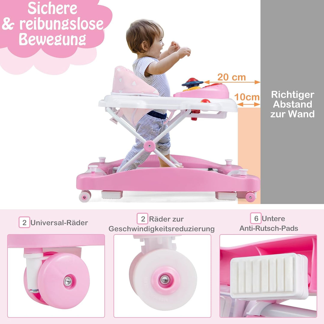DREAMADE 6-in-1 Lauflernhilfe, Höhenverstellbar Baby Walker mit Musik & Abnehmbarem Sitz, Lauflernwa