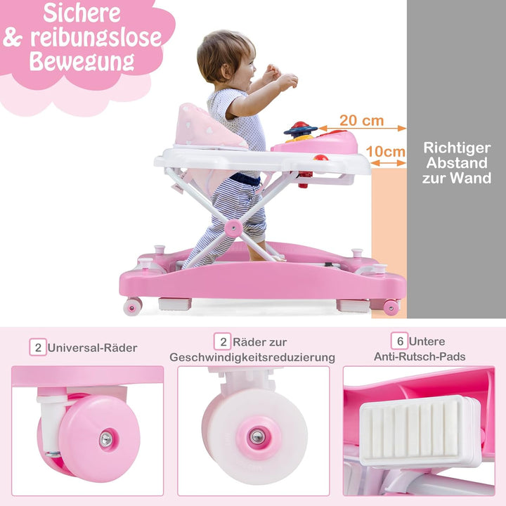 DREAMADE 6-in-1 Lauflernhilfe, Höhenverstellbar Baby Walker mit Musik & Abnehmbarem Sitz, Lauflernwa