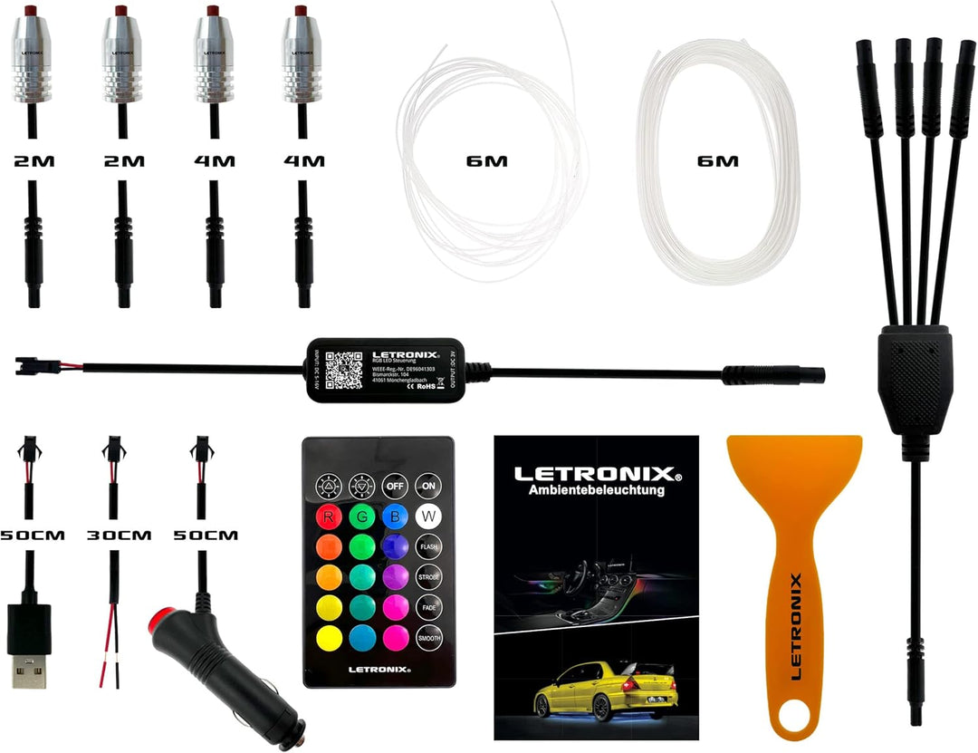 letronix RGB LED Ambientebeleuchtung *Wired Serie* 4 LED Module 6M Lichtleiter mit Bluetooth App Ste