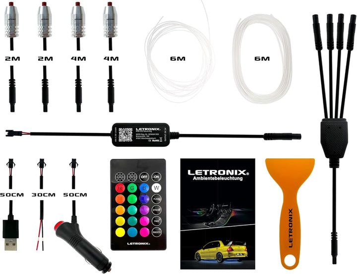 letronix RGB LED Ambientebeleuchtung *Wired Serie* 4 LED Module 6M Lichtleiter mit Bluetooth App Ste
