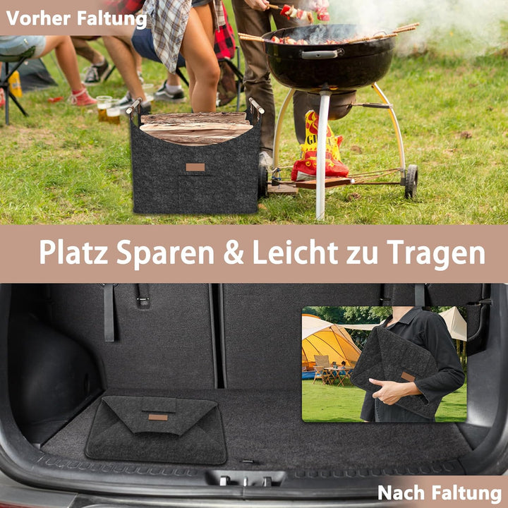 2X Feuerholzkorb mit Holzgriff Faltbare Kaminholzkorb mit Seitentaschen Filztasche für Holz Transpor